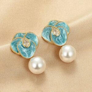 Cute Blue Dripping Oil Korean Style Flower Drop Enamel Drop Dangle Earrings set